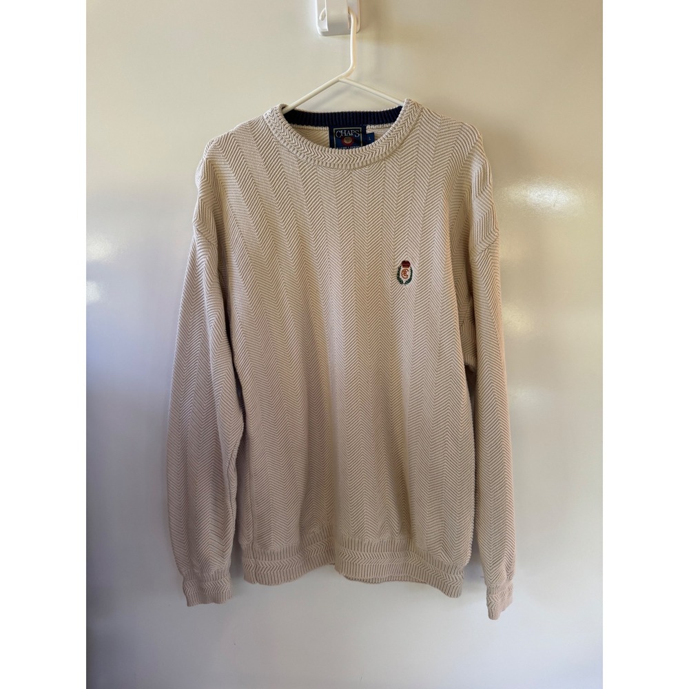 Chaps Ralph Lauren Mens Cream Herringbone Knit Cotton Crewneck Sweater Large